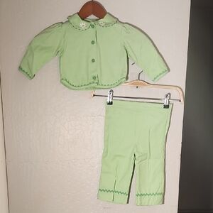 Vintage Small  Girls Green Pant and Button Up Top Floral Embellished Details